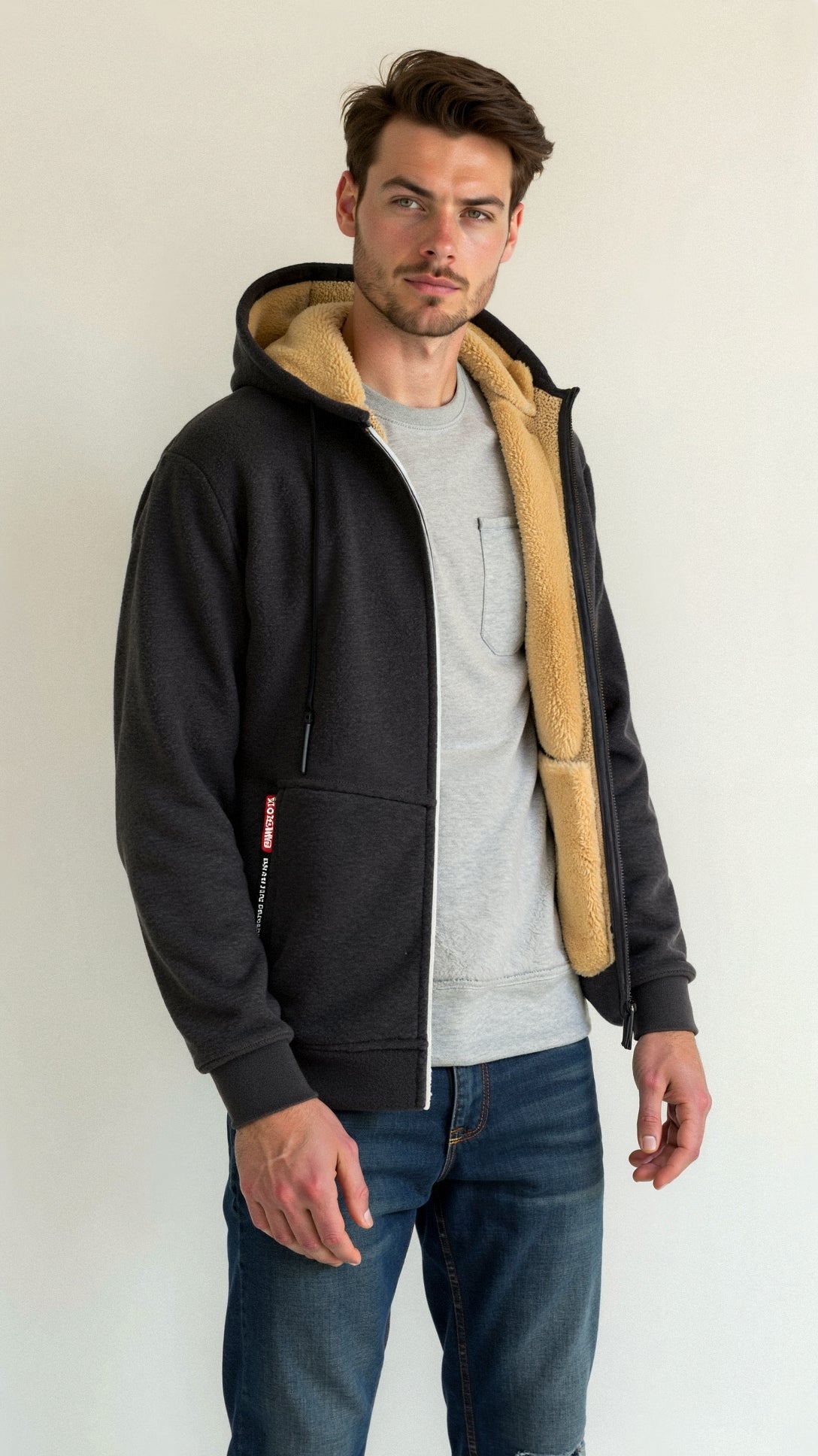 Gefütterter Herren Hoodie mit Kapuze und Reißverschluss