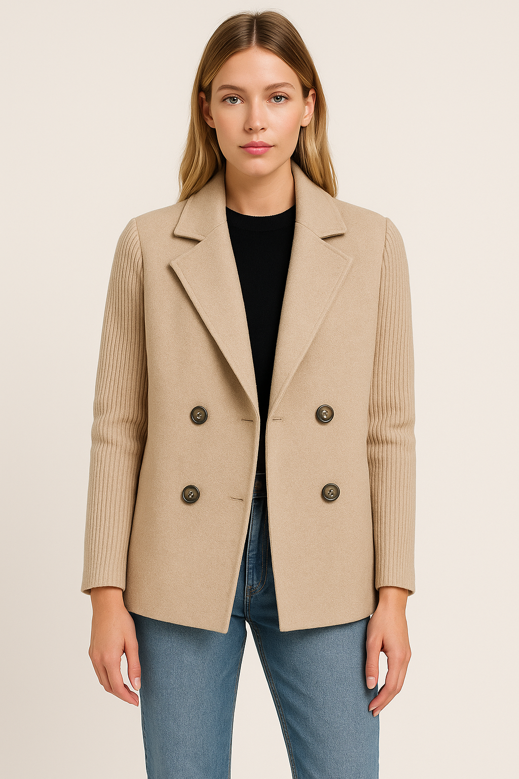 Damen Blazer mit Strickärmeln | Eleganter Doppelreihiger Strick-Blazer | Clara