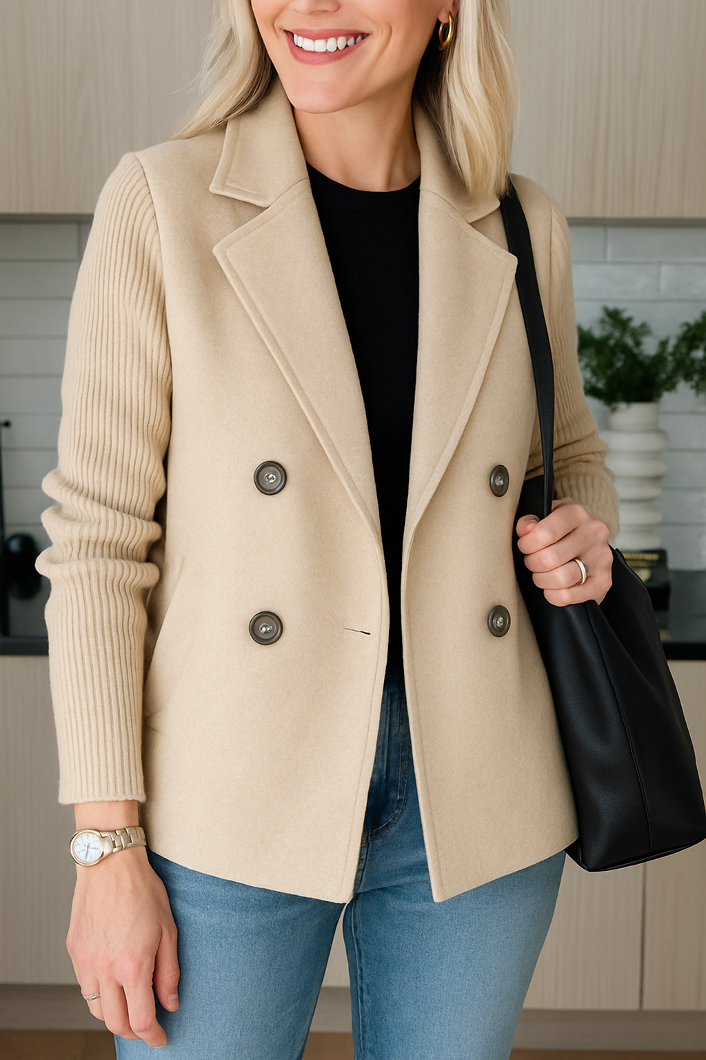 Damen Blazer mit Strickärmeln | Eleganter Doppelreihiger Strick-Blazer | Clara