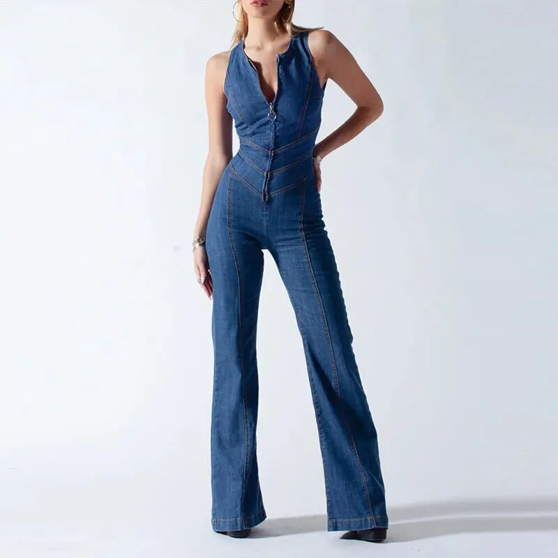 Ärmelloser Denim Jumpsuit Damen – Flared Fit