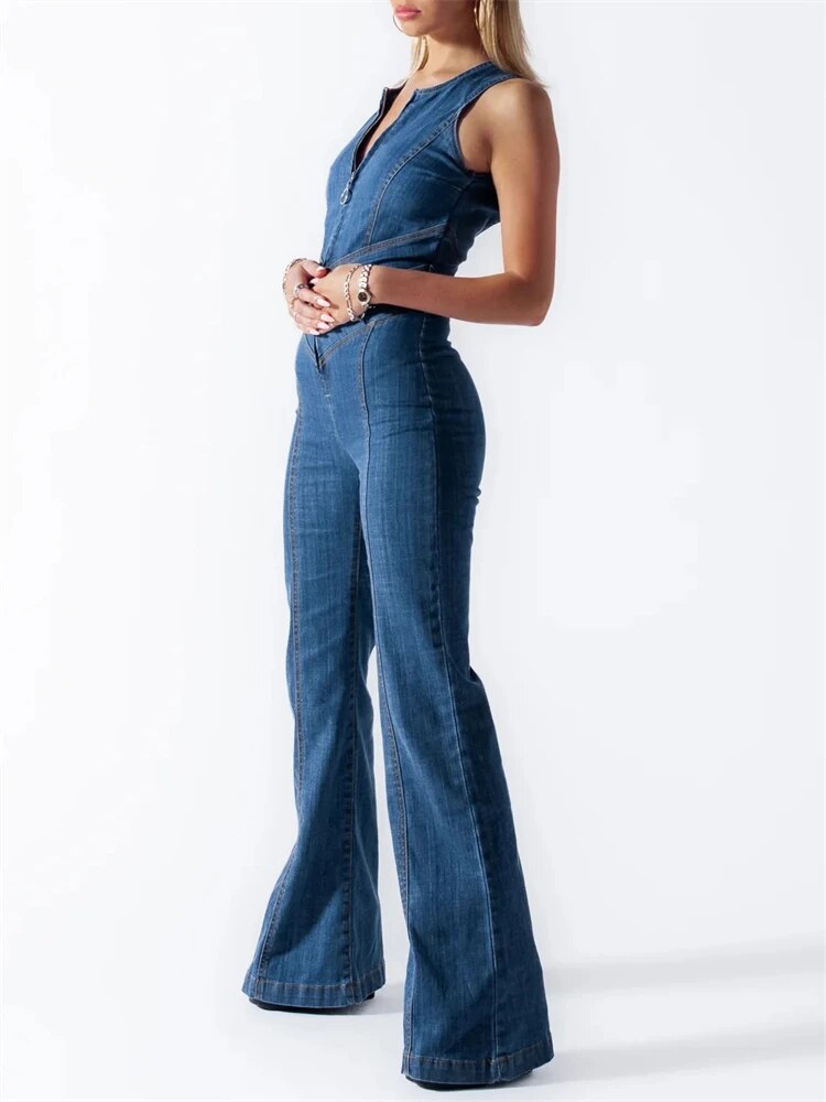 Ärmelloser Denim Jumpsuit Damen – Flared Fit