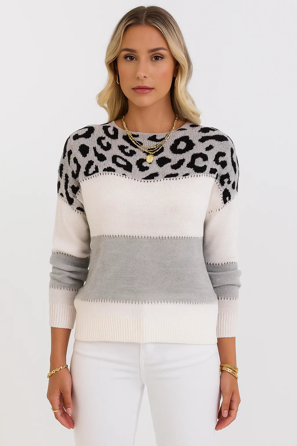 Damen Winterpullover mit Leopardenmuster und Farbblock-Design