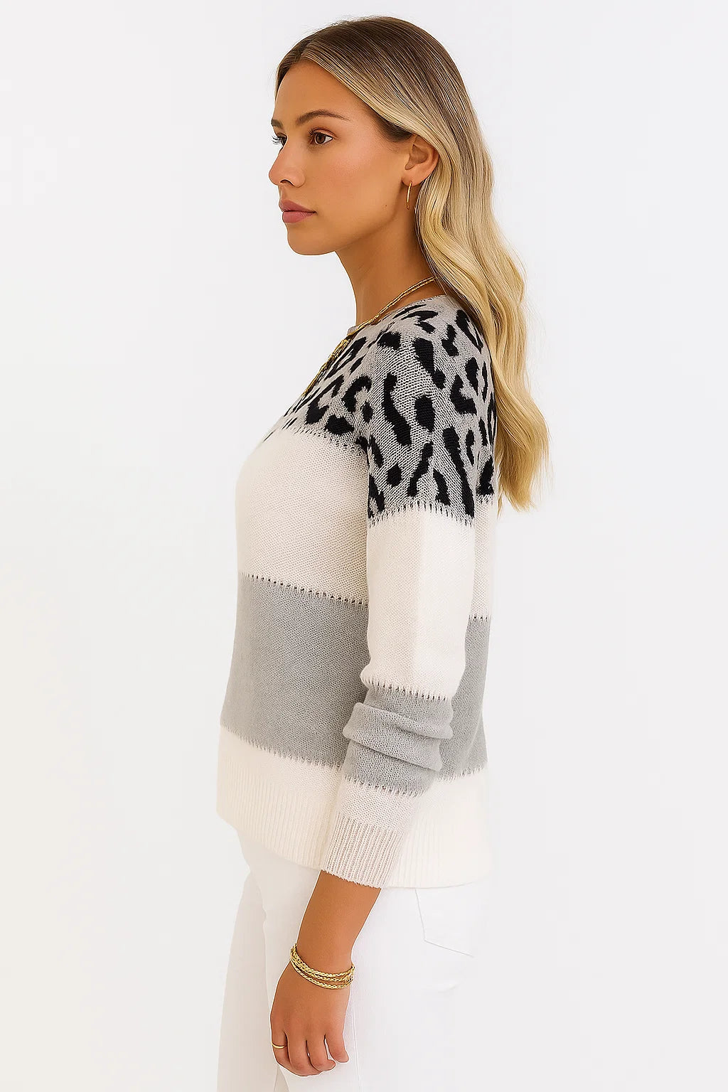 Damen Winterpullover mit Leopardenmuster und Farbblock-Design