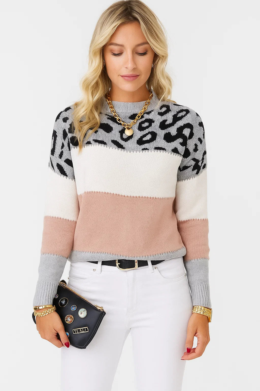 Damen Winterpullover mit Leopardenmuster und Farbblock-Design