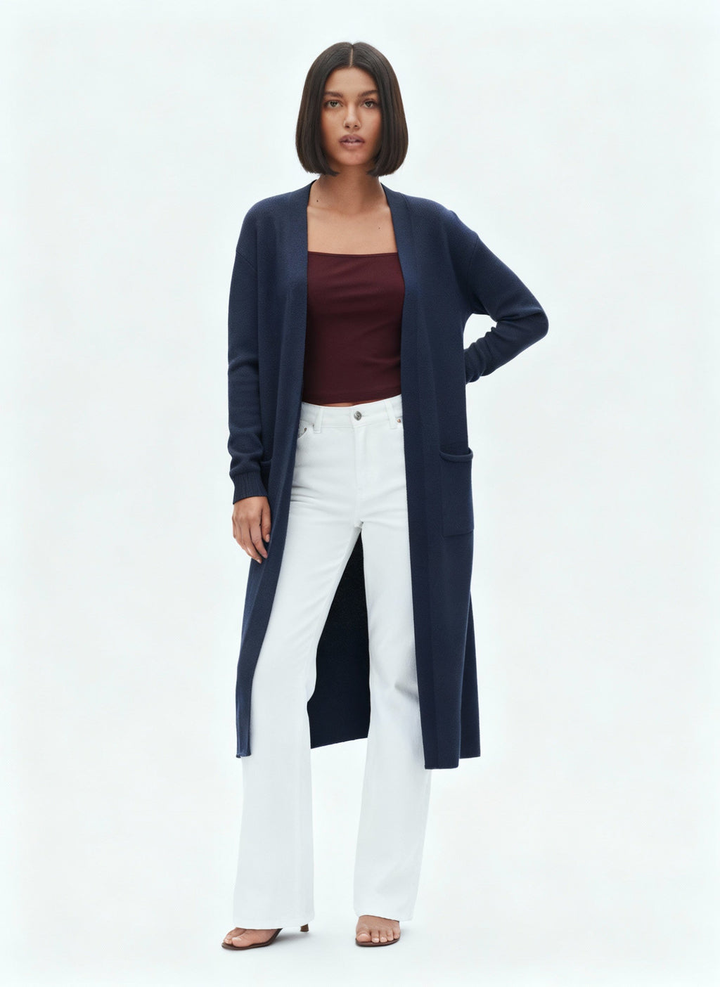 Langer Strick-Cardigan mit offener Front und Taschen