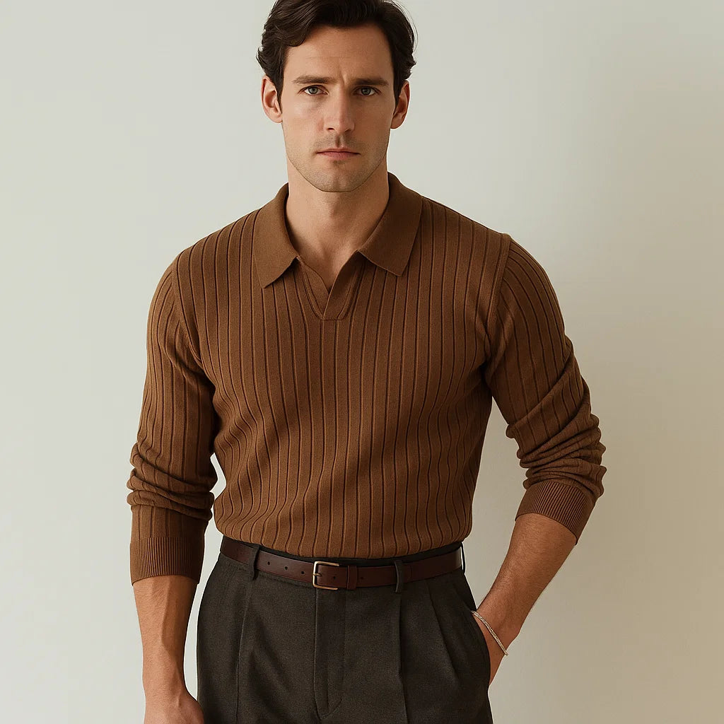 Ripp Polo Langarm | V-Ausschnitt