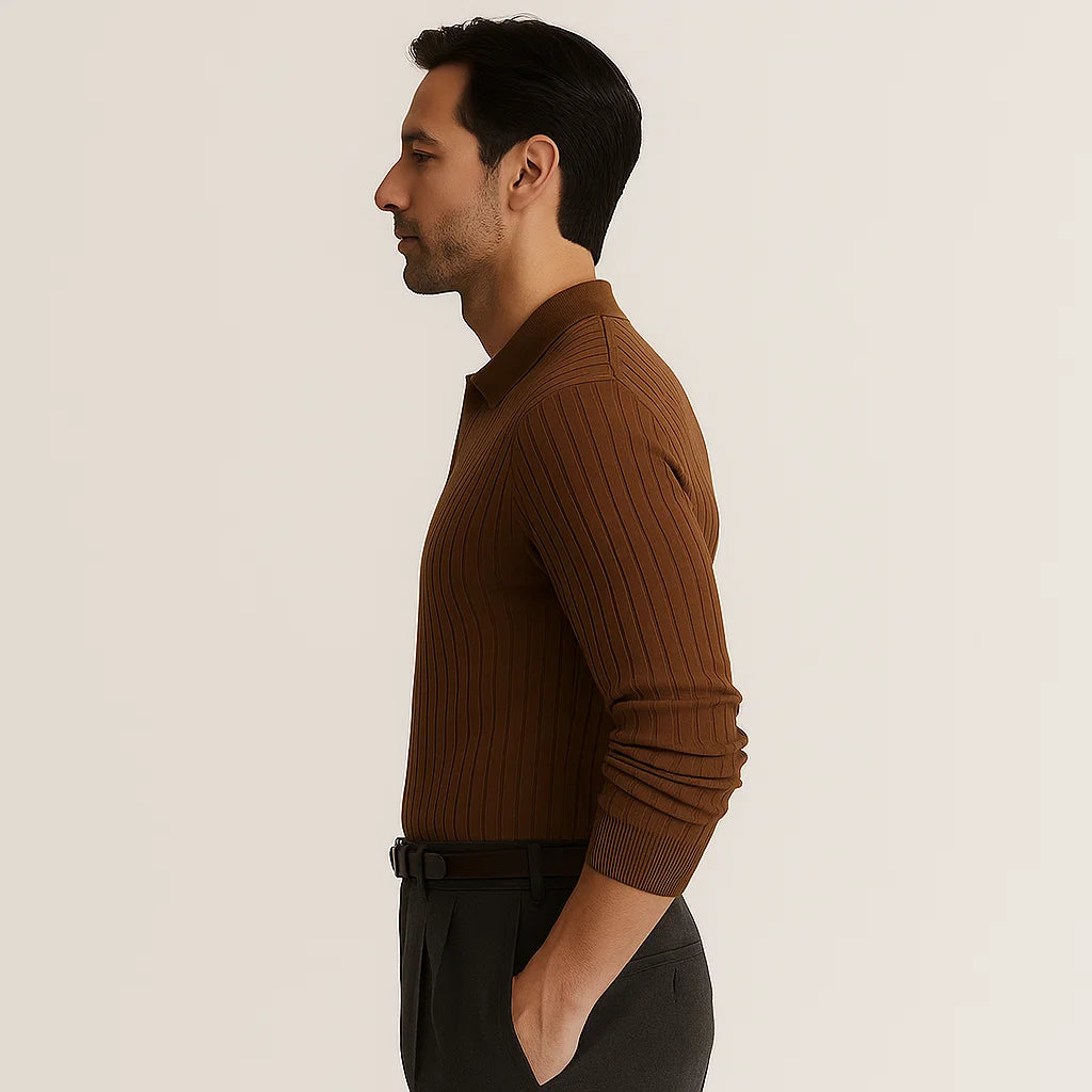 Ripp Polo Langarm | V-Ausschnitt