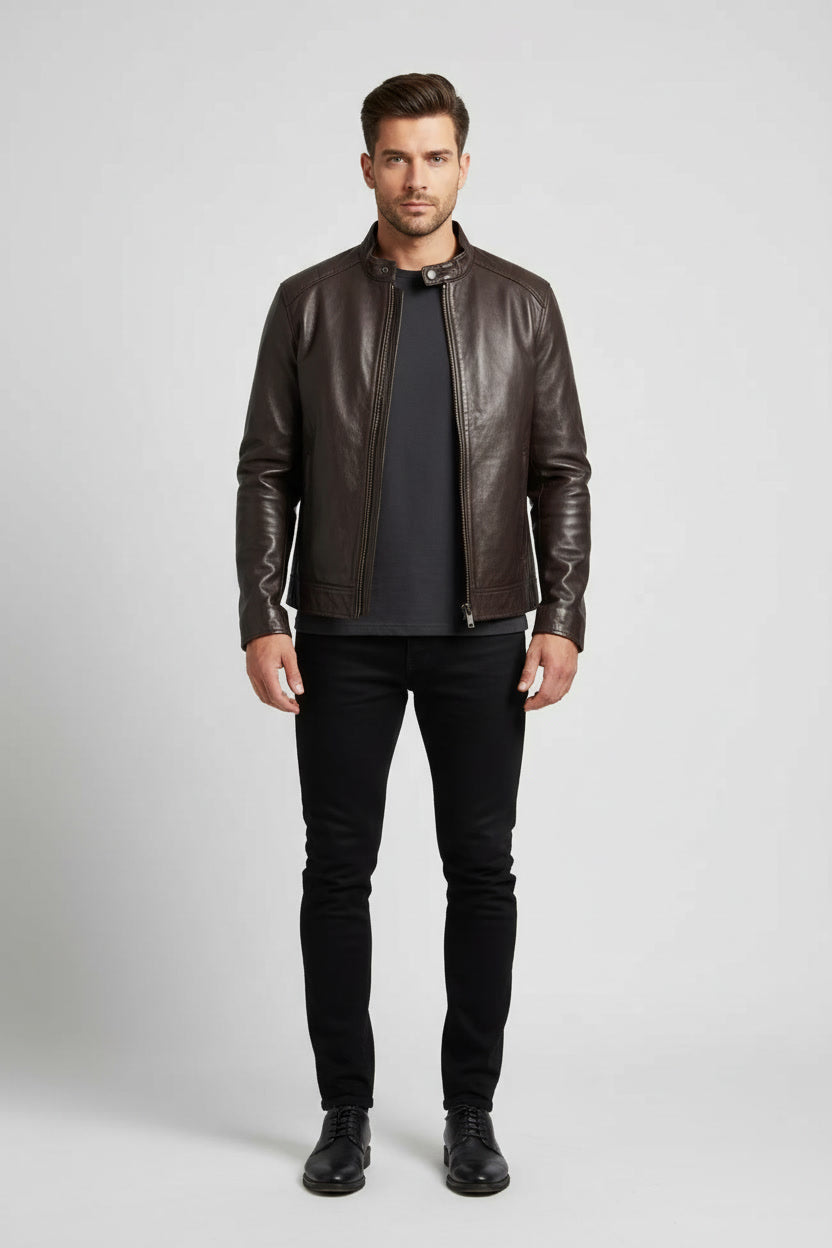 Herren Lederjacke – Stehkragen & Slim Fit Design