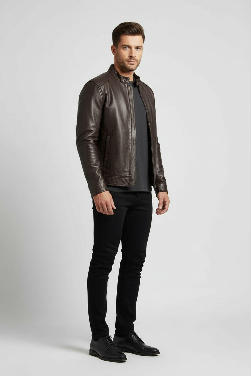 Herren Lederjacke – Stehkragen & Slim Fit Design