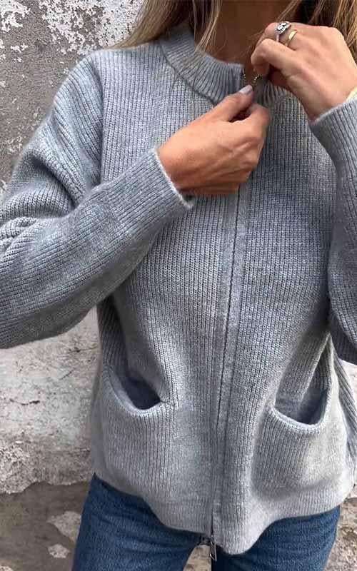 Damen Rippstrick Cardigan mit Reißverschluss