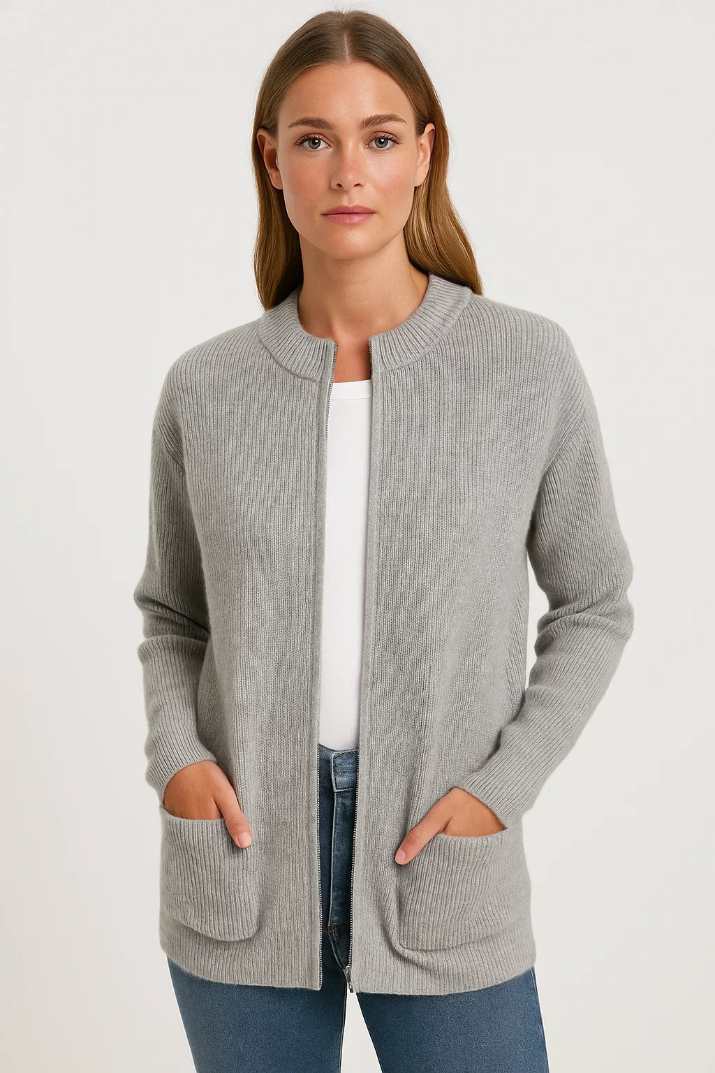 Damen Rippstrick Cardigan mit Reißverschluss