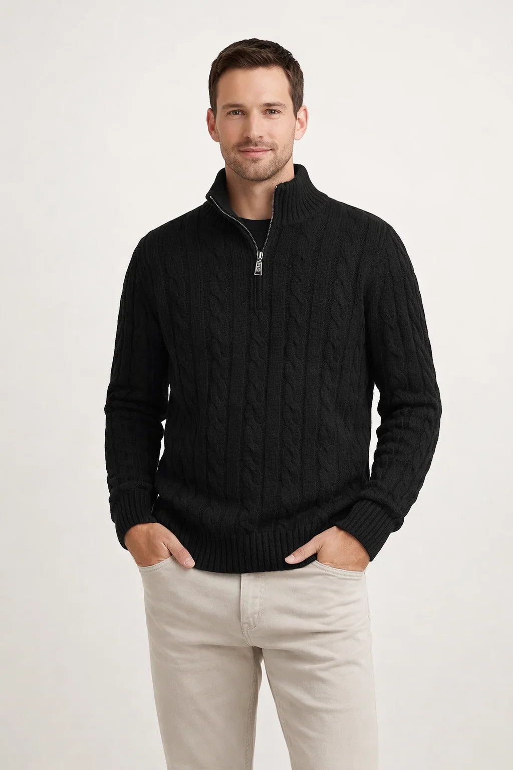 Strickpullover mit Halbreißverschluss und Stehkragen