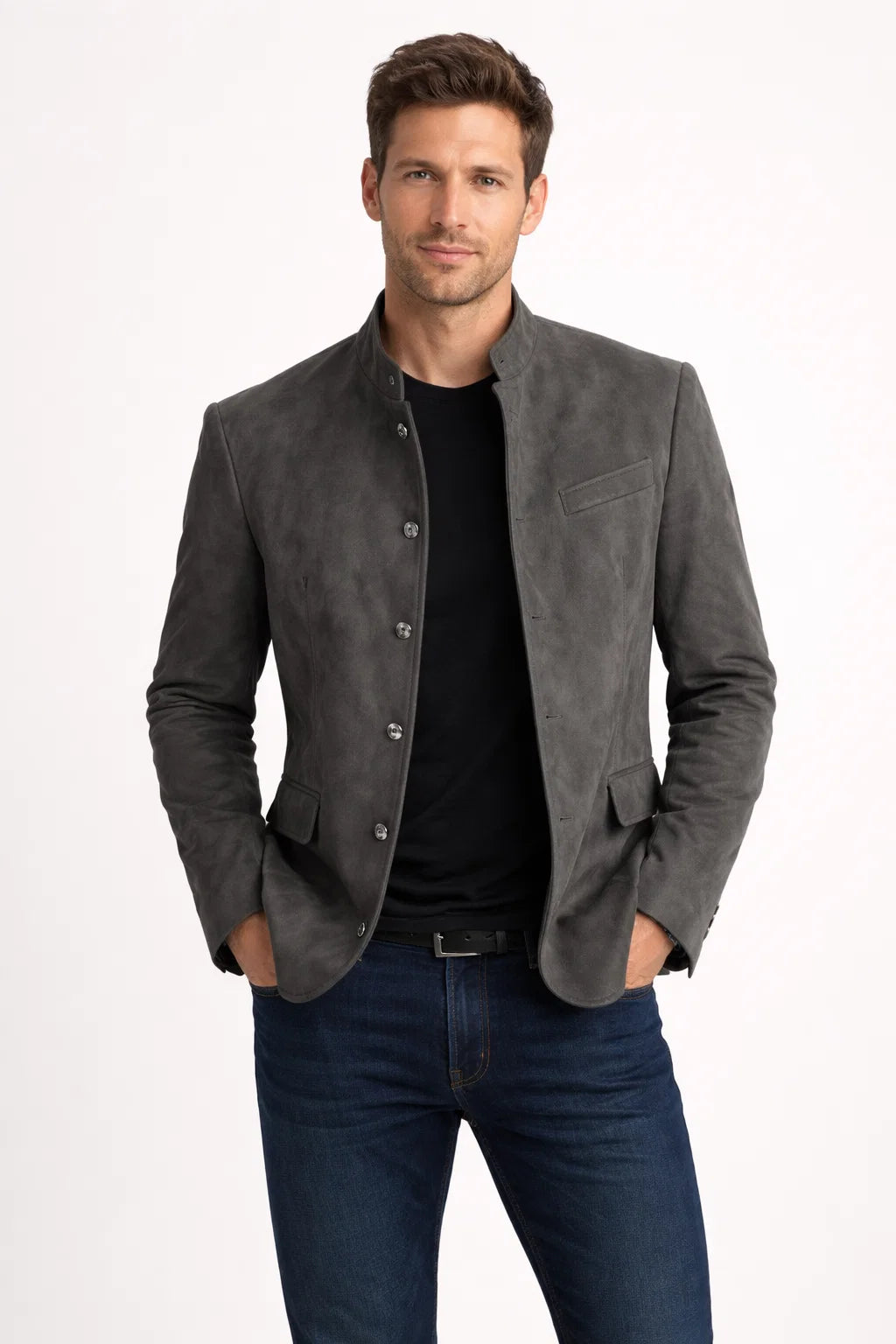 Herrenblazer in Wildlederoptik mit Stehkragen