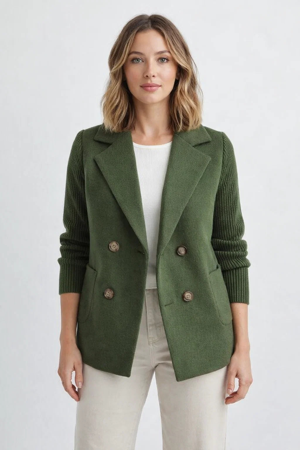 Damen Blazer mit Strickärmeln | Eleganter Doppelreihiger Strick-Blazer | Clara