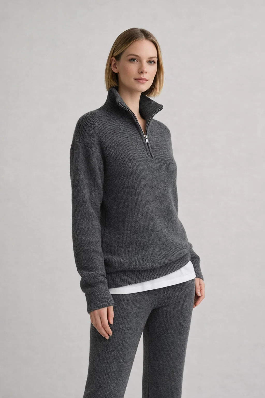Geripptes Strick-Zweiteiler-Set mit Half-Zip