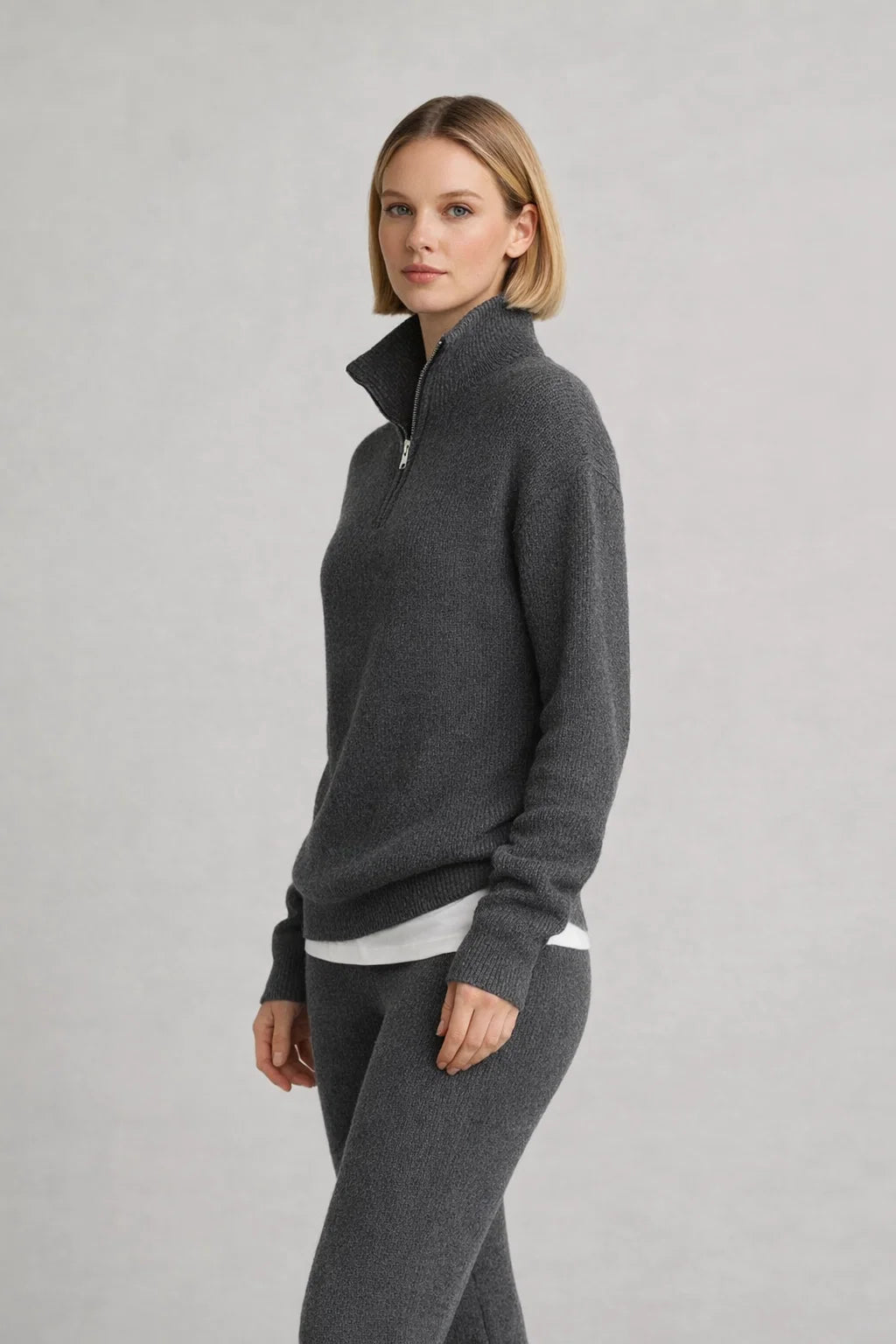 Geripptes Strick-Zweiteiler-Set mit Half-Zip