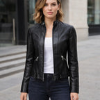 Damen Lederjacke - Reißverschluss, hoher Kragen und Gürtel