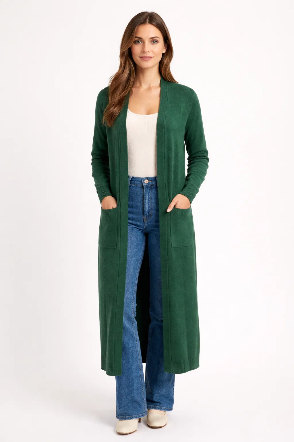 Langer Strick-Cardigan mit offener Front und Taschen